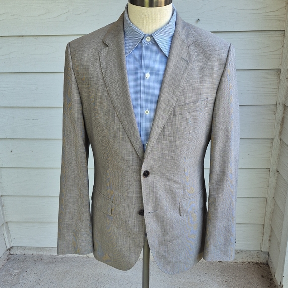 HUGO BOSS Johnston Lenon Grey Beige Plaid Super 150s‎ Wool Mens 38 R Sport Coat - Picture 1 of 8